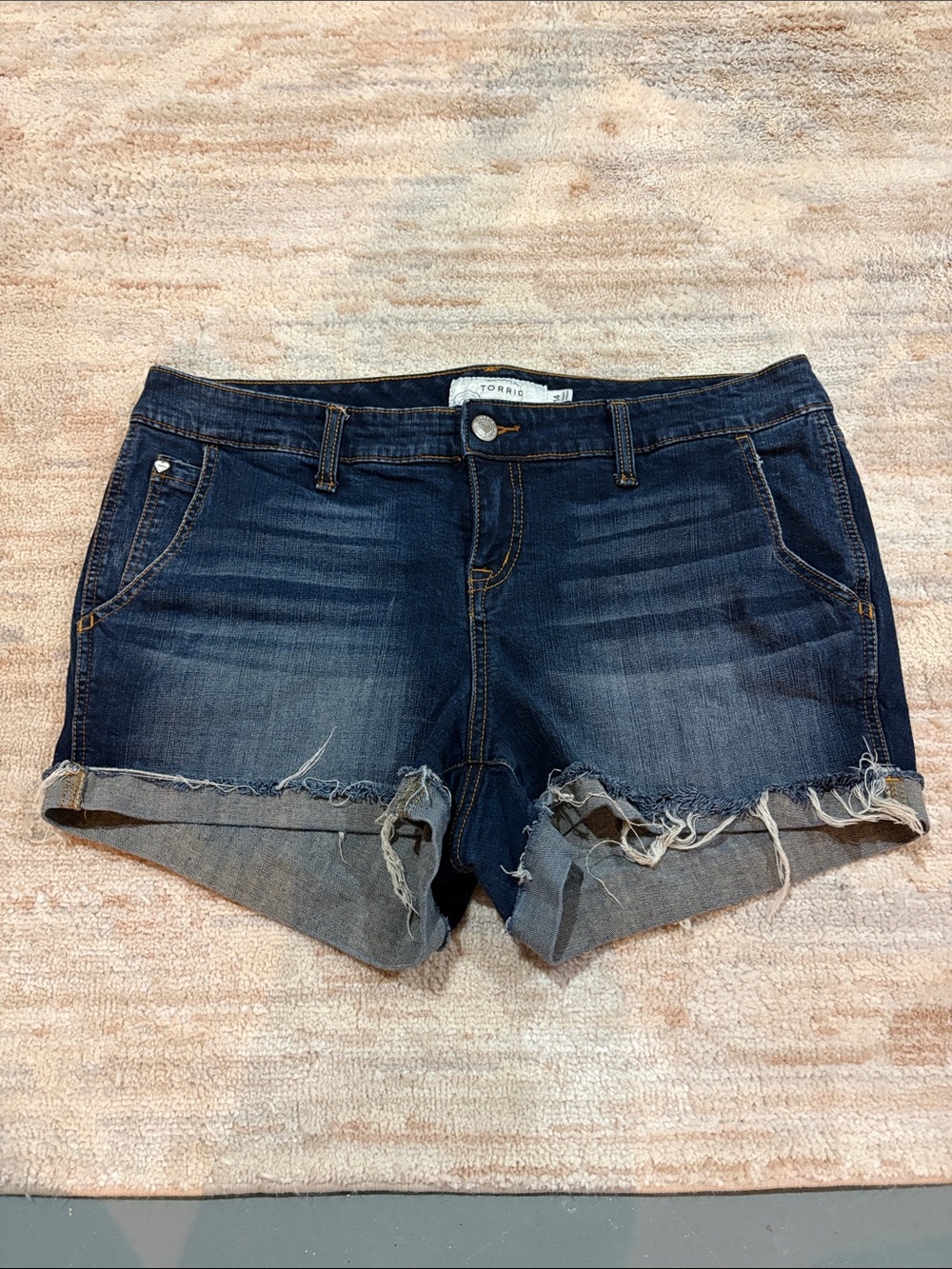 torrid Indigo Roll-Cuff Denim Shorts with Distressed Hem